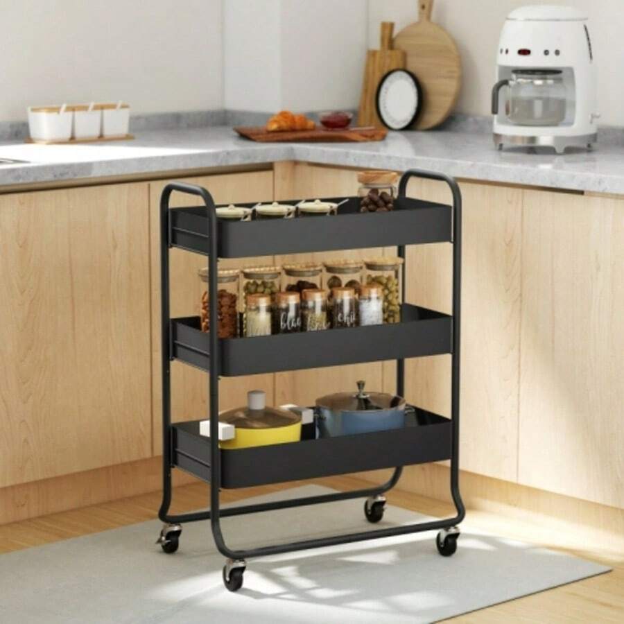 Kitchen Trolley, 3 Baskets, 4 Wheels, Metal, Black