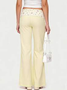 Women's Casual Lightweight Flare Pants Fashion Floral Print Fold Over Waist Wide Leg Trousers for Daily Streetwear - Amarillo - Ver 7