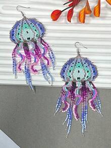 Jellyfish Beaded Earrings Bohemian Seed Bead Drop Earrings Fashion Women's Jewelry Handmade Glass Beads Light Luxury Beaded Accessories Ocean Animal Beaded Ear Hooks Suitable For Daily Beach Vacations Music Festival Earrings - Màu tím - Xem 3