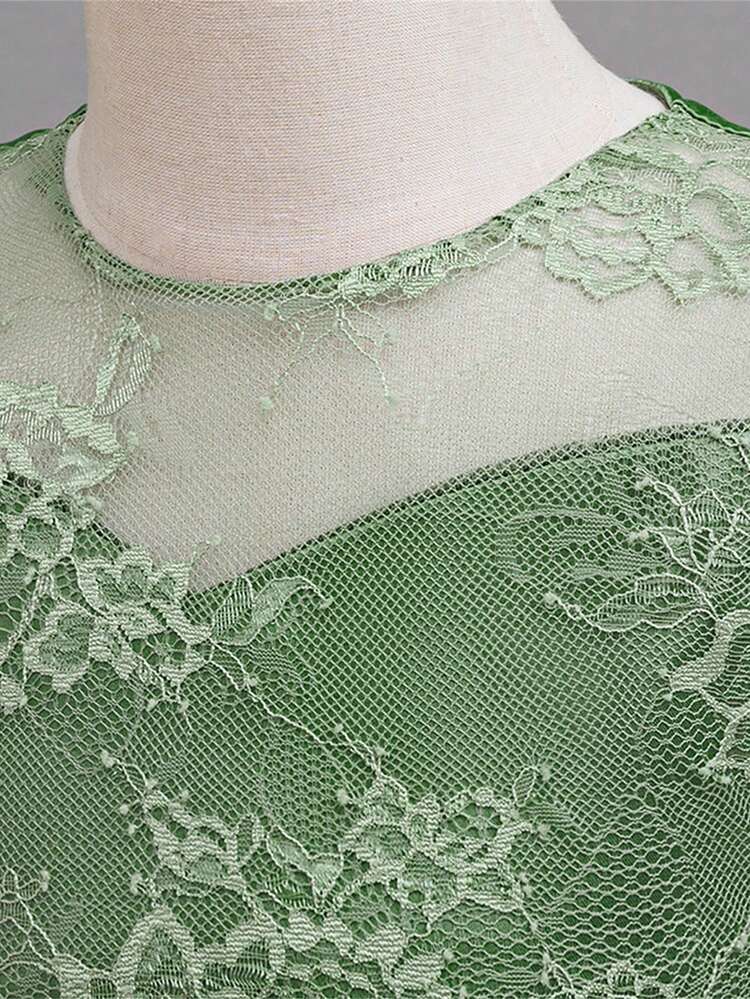 Vestido elegante de día de encaje de manga larga con bordado de malla para niñas jóvenes, adecuado para fiestas de cumpleaños, sin diadema - Verde - Añade 6