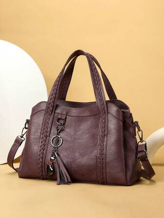 新款PU皮女士手提包，复古风格，流苏装饰，时尚拉链单肩包，配有可拆卸肩带，适合工作和旅行