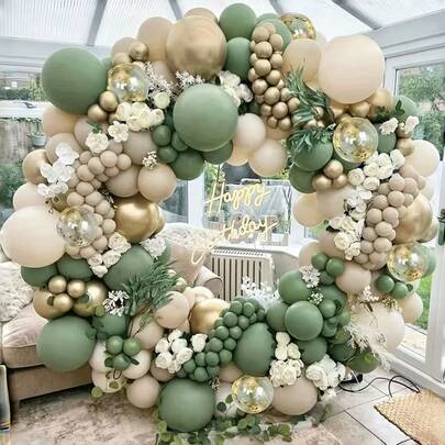 116pcs Green, White, And Goldenlatex Balloons, Suitable For Birthdays, Weddings, Bridal Showers, Graduation Ceremonies, Anniversaries, Baptismal Themes, Party Backgrounds, Home Decor, Halloween, And Christmas