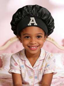 1pc Toddler/Kids 26 Letters Smooth Satin Sleep Cap, Fashionable & Comfortable, Breathable Anti-Slip, Daily Hair Care Hat - Black - View 2