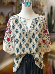 Boho Puff Sleeve & Geometric Blouse: V-Neck Top With Multi-Color Floral Sleeve Detail For Garden Parties, Date Nights And Casual Outings For Women. - Màu sắc hỗn hợp - Xem 2