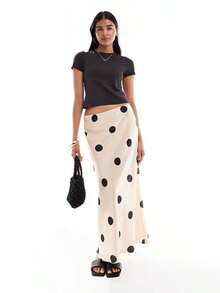 Falda Larga con Estampado de Grandes Puntos - Corte Alto con Ligera Abertura, Falda Retro Elegante para el Día a Día - Blanco - Ver 3