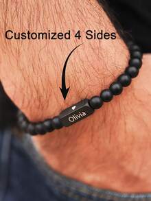 Customized Black Beaded Bracelet, Elastic Beaded Bracelet, Personalized Engraved Square Bead Bracelet, Men's Jewelry, Unique Birthday Gift - Multicolor - View 2