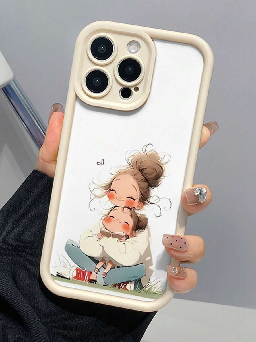 1pc White Grass Mother & Daughter Hug Minimalist Full Coverage TPU Shockproof Phone Case Compatible With IPhone 17 16 15 14 13 12 11 Pro Max, Air, Series - Multicolor - View 1