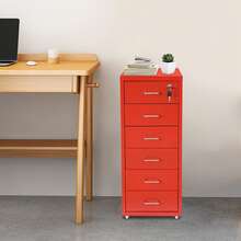 6 Drawer Vertical File Cabinet With Lock, Under Desk Office Storage Cabinet With Wheels, Mobile Desk Drawers For Home Office, Home File Cabinet, Spraying, Cold-Rolled Steel (Black/Blue/Green/Beige/Red/Purple) - 紅色 - 查看 3