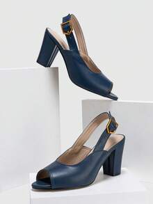 Giày sandal nữ hở mũi, gót chunky, quai ngang mắt cá chân, kiểu dáng thời trang đa năng, phù hợp cho cả công sở và dự tiệc. - Màu xanh hải quân - Xem 6