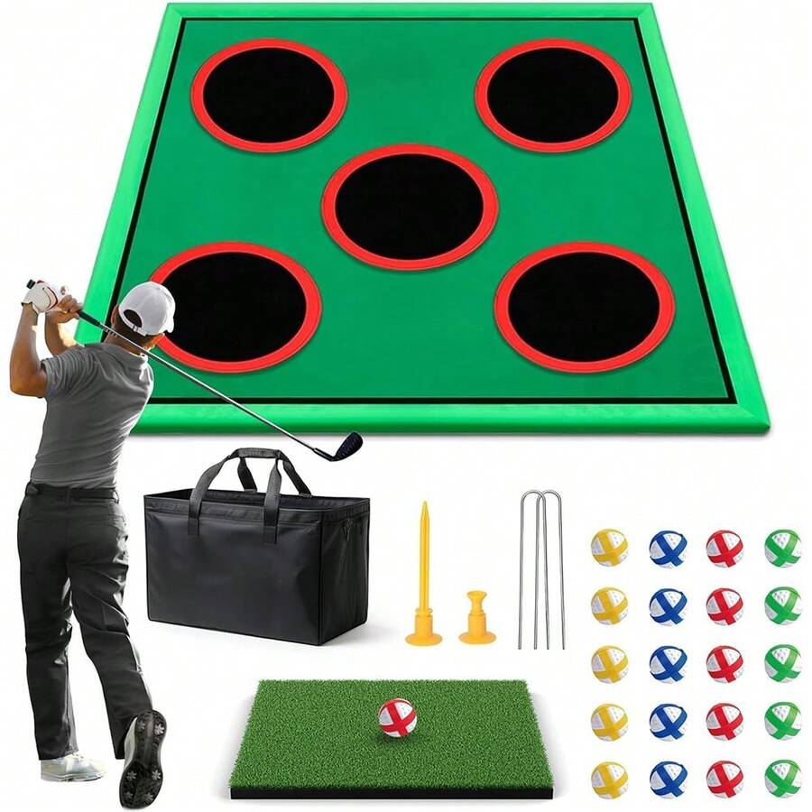 Golf Game Play Set, Golf Chipping Cornhole Game For Adults With 1 Club, 5 Hole Covers, 20 Balls, Putting Mat & Carry Bag, Indoor Outdoor Lawn Backyard Gifts For Men - Multicolor - View 1