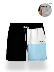 Men's Summer Printed Pattern Drawstring Waist Slant Pocket Hawaiian Quick-Dry Double-Layer Mesh Lining Shorts, Contrast Seagull 3D Graphic, Fashionable Casual Beach Vacation Swim Trunks - Multicolor - View 4