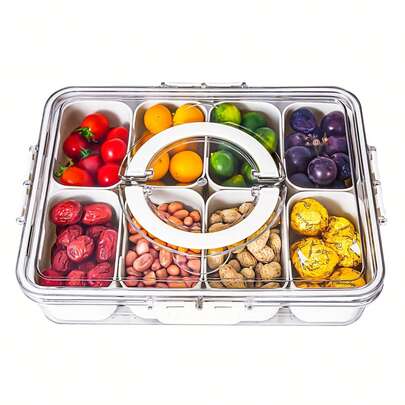 1pc 8-In-1 Transparent Food Storage Container With Lid - Plastic Kitchen Organizer Box - Sealed Compartment Tray With Handle, Suitable For Salad, Spices, Snacks - No-Electric Lunch Box For Fridge, Party, Camping