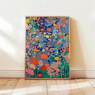 1 st. valfri canvastavla med ram | Färgglatt abstrakt blommönster med prickar på mörkblå bakgrund, nyckfull väggkonst med trädgårdstema, perfekt för sovrum, vardagsrum, kök, hall, modern heminredning, present