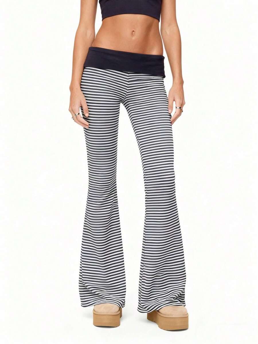 Womens Foldover Pants - Ultra Soft Stratum Tech Performance Striped Elastic Mid Rise Wide Leg Casual Lounge Yoga Pants - Dark Blue - View 1
