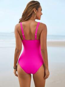 Women's Tummy Control Swimsuits Ruched Slimming One Piece Bathing Suit Square Neck Swimsuit - 玫紅色 - 查看 6