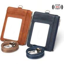Prctica Cartera Con Porta Credencial De PU Con Diseos De Bloqueo Ranuras Para Tarjetas Y Cordn Desmontable Para Un Fcil Acceso Porta Credencial Profesional - Azul + Con cordón - Ver 4