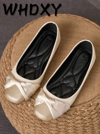 Women's Color Block Round Toe Flat Shoes, Crossover Pleated Design, Lightweight Soft Sole, Casual & Commuting