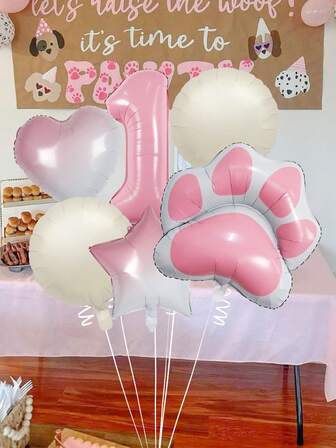 6件套宠物生日派对套装，包含0-9粉色数字气球、粉色爪印气球、18英寸粉白渐变爱心气球、星星铝箔气球、米白色圆形气球，适合0-9岁生日派对、动物主题派对、猫狗生日装饰等。