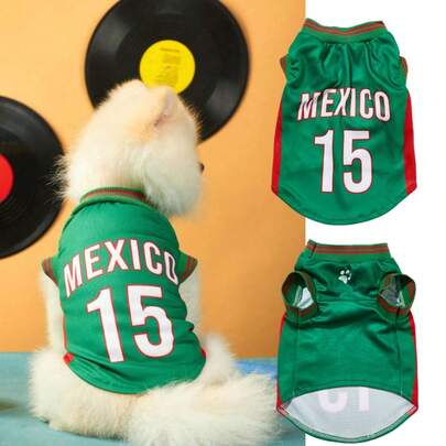 1 pieza Camiseta de equipo nacional de México, talla 15, diseño a rayas con impresión de número en inglés, cuello y puños de canalé de color contrastante, adecuado para todas las razas de mascotas