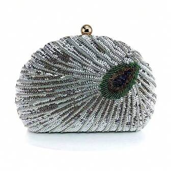 Bolsa Retrô Estilo Cheongsam Azul Pavão para Mulheres, Bolsa Clutch Bordada com Pavão, Contas e Lantejoulas Brilhantes, Adequada para Ocasiões Formais como Jantar, Casamento, Banquete