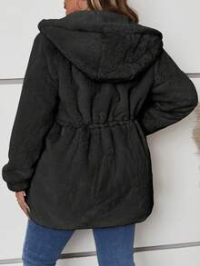 Plus Size Women Faux Fur Jacket, Fuzzy Felt Hat, Cinched Waist, With Pockets, Suitable For Autumn & Winter - Black - View 3