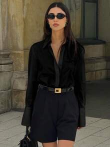 Elva Women's Solid Color Long Sleeve Business Interview Commute Casual Loose Minimalist Back To School Shirt, Suitable For Spring, Summer, And Autumn. Suitable For Valentine's Day, New Year, Date, Commute - Black - View 7