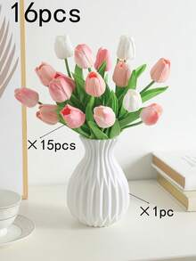 16pcs Mixed Artificial Flowers Fake Ice Cream Tulips & Plastic White Vase, Ideal For Birthday Party, Holiday Celebration Decor, Outdoor Floral Arrangement, Bedroom Decoration, Garden Embellishment - Color Mixing - View 11