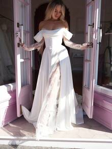 Elegant Sexy Off Shoulder High Slit Lace Long Sleeves A Line Satin Formal Bridal Dress Registration Wedding Dress For Bride,Bridal Fashion,Evening Party Dress Bridal Gowns,Romantic Church Ceremony Wedding Dress,Suitable For Wedding,Party,Singles' Party,Vacation,Bride,Formal Occasions,Dinner Dress,Prom Dress,Homecoming Dress,Cocktail Party - 白色 - 查看 3