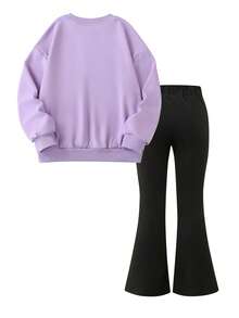 2pcs/Set Girls Bow Print Crew Neck Sweatshirt And Pants, New Fashionable Casual Travel Outfit - Mauve Purple - View 3