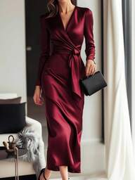 Plus Size Women's Elegant Crossover V-Neck Belted Long Sleeve Satin Dress, Suitable For Cocktail Party, Date Night
