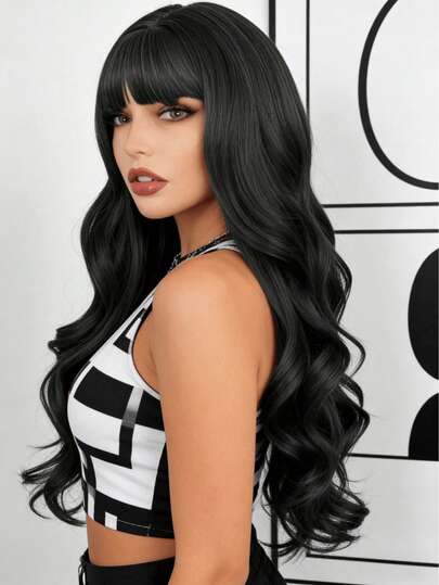 MEFENY Peluca Para Mujer Larga Ondulada Flequillos Natural de 26 inch con ondas naturales en la cabeza, pelucas sintéticas con flequillo completo para mujeres blancas/negras, para cosplay, extensiones de pelo liso largo sintético para uso diario de mujeres y niñas, peluca natural de cambio gradual de fibra resistente al calor para mujer( peluca*1; redecilla para el cabello*1)