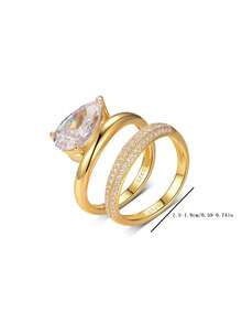 2 件套法国奢华 S925 银材质水滴锆石女士珠宝戒指，适合订婚、婚礼、节日礼物