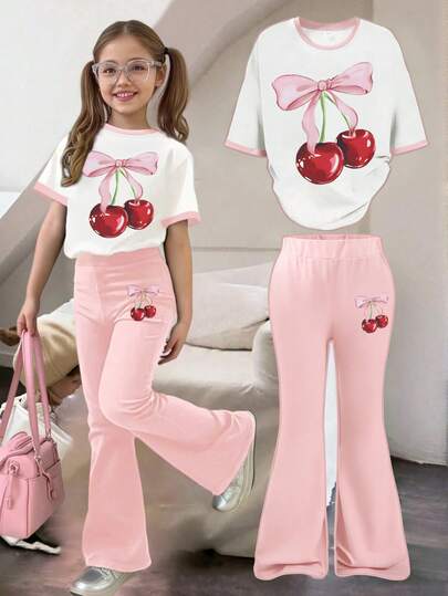 2pcs/Set Girls Summer Top And Shorts, Loose Short Sleeve T-Shirt With Cherry Blossom & Bow Print, Top & Flare Pants 2 Pieces Set, Casual Minimalist Style, Suitable For Summer, Home, Outdoor Activities