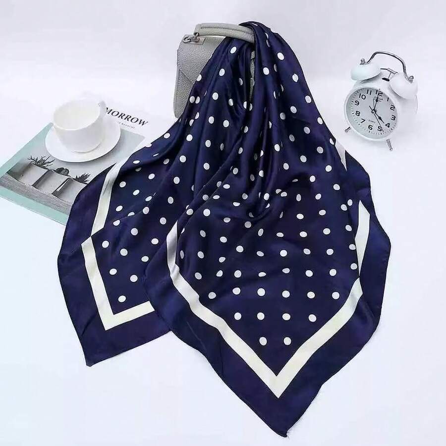 MilyModa Large Polka Dot Print Satin Scarf, Multipurpose, 90x90, Cropped, Bandana, Turban - Bolinha-Azul Marinho - 查看 1