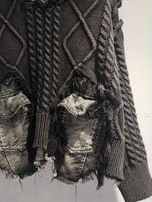 GLOURI Women's Brown Cropped Sweater - Denim Pocket Patch & Fringed Detail | Edgy Casual Style For Weekend Shopping,BFF Dates, Daily Commute, Street Strolls & Autumn Walks For  Relaxed Looks - màu đen - Xem 3