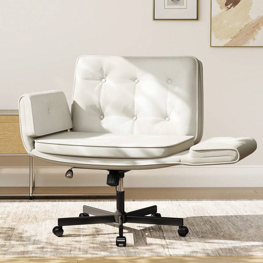 Fumahome Oversize Criss Cross Home Office Desk Chair With 5-Position Adjustable Arms Swivel Office Chair With Wheels Pet-Friendly Pu Leather Vanity Chair Modern Accent Chair With Wide Cusion Comfortable Desk Chair For Home Office Restroom - Milky White - View 1