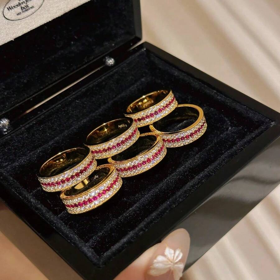 1pc Vintage Heavy Craft High-End Exquisite Fashion Light Luxury Ruby Row Ring For Women - 金色 - 查看 1