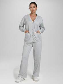 CZRLHYT Women's Casual Solid Color Top And Pants 2 Pieces Set Grey Two Pieces Set Long Sleeve Sweatshirt And Loose Casual Pants Autumn Winter Fall Cloth For Women - Light Grey - View 6