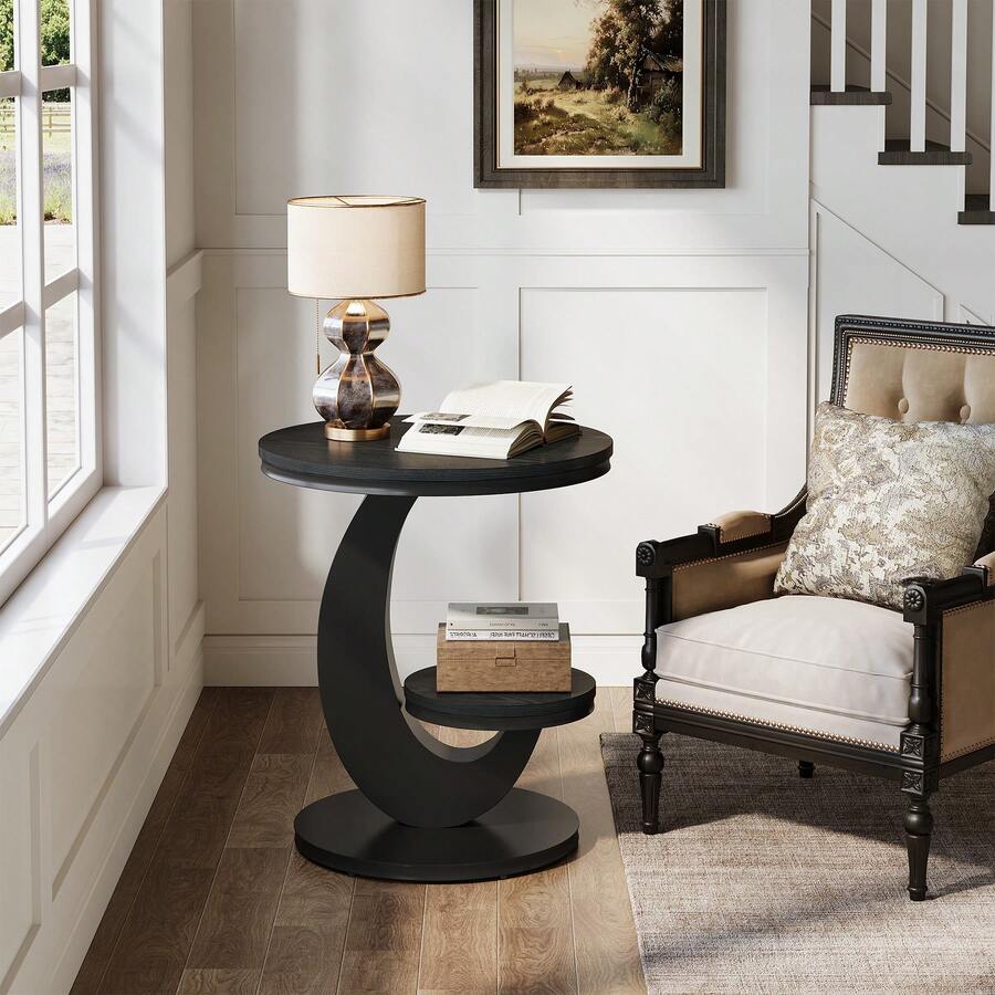 LITTLE TREE Round End Table, 2 Tiers Side Table With Storage Shelf, Sofa Side Bedside Nightstand With Rustic Wood And Metal Arc-Shaped Frame For Small Spaces, Living Room, Bedroom, Easy To Assemble - 黑色 - 查看 1