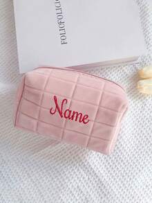 1pc Custom Embroidered Name Makeup Bag, Personalized Suede Makeup Bag, Personalized Makeup Bag For Women, Custom Suede Travel Makeup Bag, Customizable Toiletry Bag, Mother's Day Gift, Valentine's Day Gift, Birthday Gift, Stationery, Portable, For Girlfriend, Bridesmaid - Multicolor - View 2