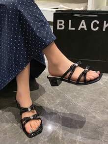 Modische und vielseitige Slip-On High Heel Sandalen mit dicker Sohle für Damen in Große Größen, bequeme Sandalen mit weicher Sohle für den Lässig Outdoor Einsatz - Schwarz - Übersicht 3