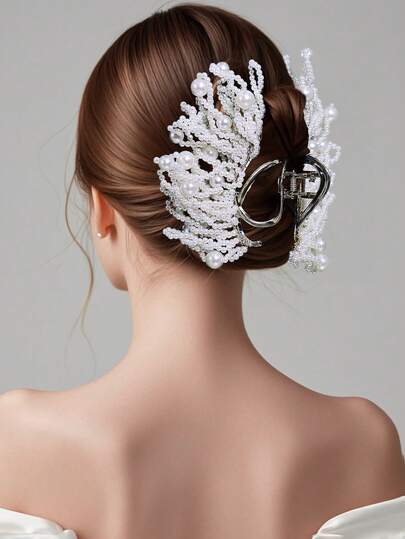 1pc White Pearl Hair Claw Clip, Elegant Princess Style Minimalist Hair Accessory Suitable For Weddings, Parties, Dates, Birthdays, Casual Wear