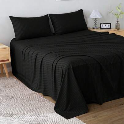 Juego De Sábanas 4 Piezas Para Cama Matrimonial Estilo Jacquard Rayada 3000 Hilos, No Se Destine Ni Se Encoge Fácilmente, Adecuado Para Dormitorio, Dormitorios Y Uso Doméstico (1 Forro, 1 Sábana/ 2 Fundas)