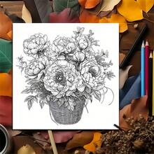Flowers And Basket Coloring Book For Adults, 20x20cm Square Floral Painting Book, Stress Relief & Anxiety Relaxing Basket Bouquet Grayscale Coloring Pages For Beginners Art Supplies - Multicolor - View 5