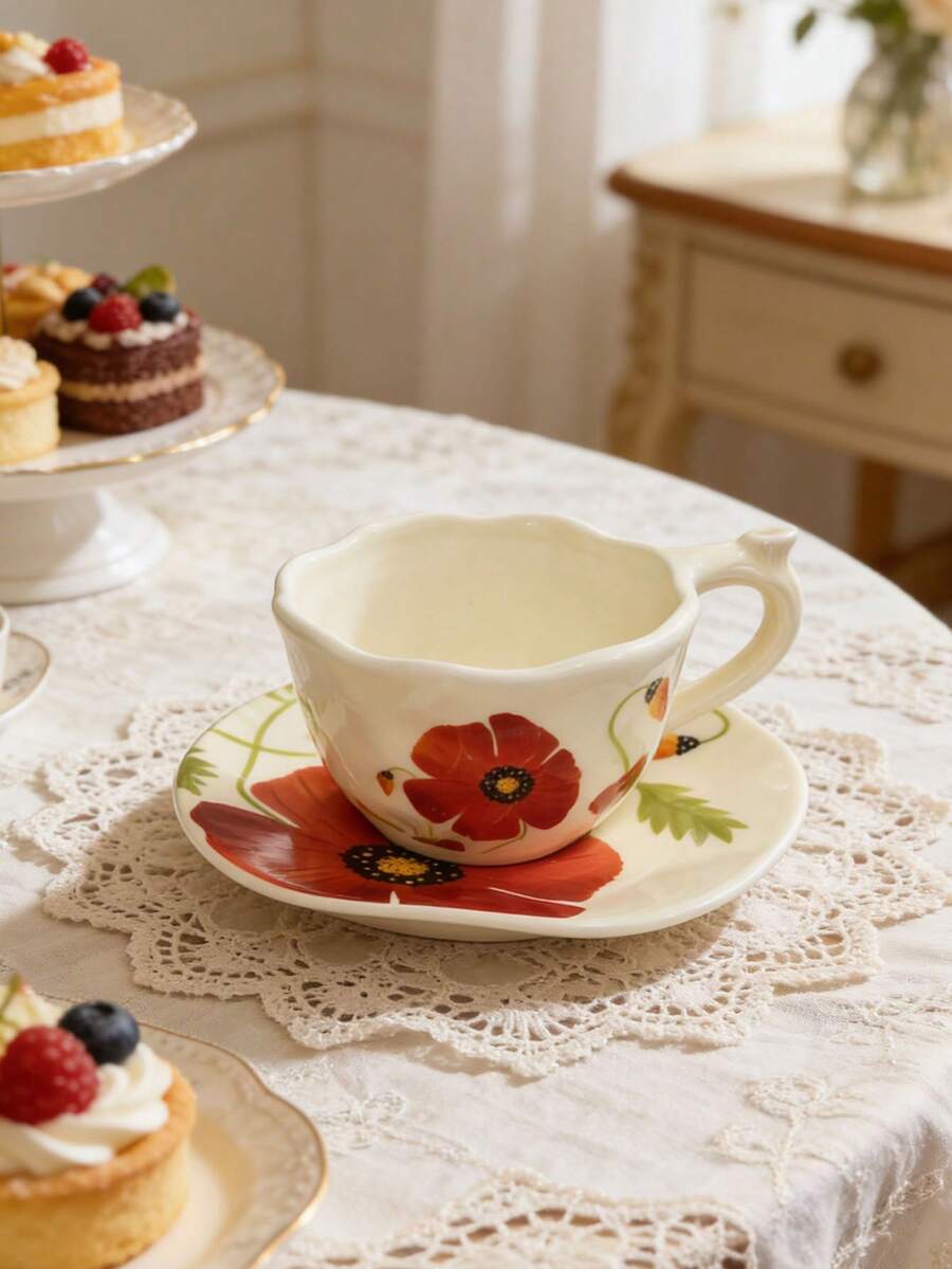 Ins Style Hand-Painted Floral Coffee Cup & Saucer Set, Girly Cherry Blossom & Peony Ceramic Cup, Elegant Afternoon Tea Tableware, Home Breakfast Cup - Multicolor - View 1