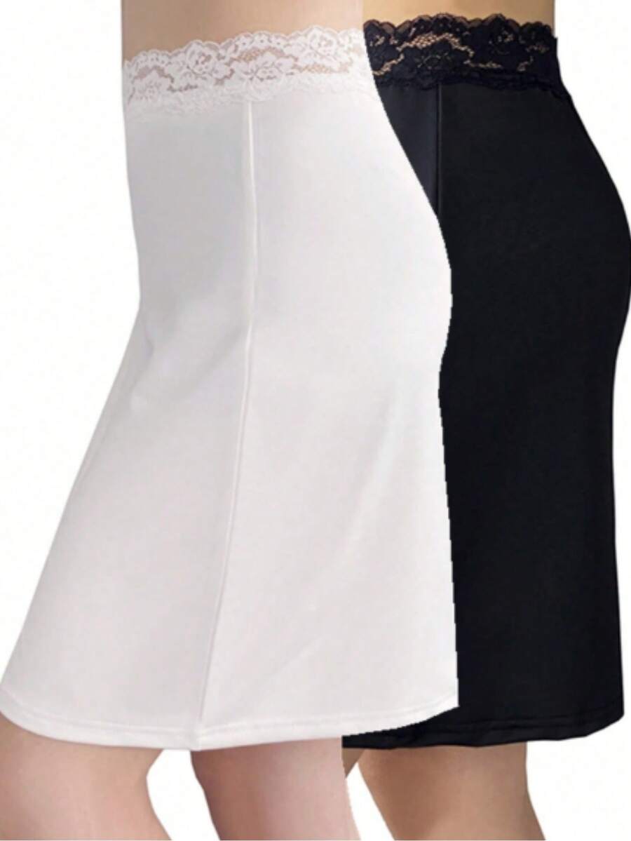 2pcs Set Elegant Lace Trim Solid Color Skirt, Side Slit Slip Skirt, Women Lingerie And Shapewear