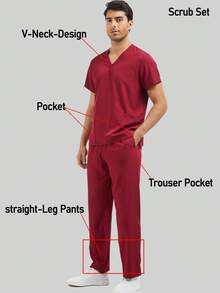 男士医用制服套装，V领上衣和裤子，舒适抗皱，适合牙科诊所和护理工作。 - 酒紅色 - 查看 4