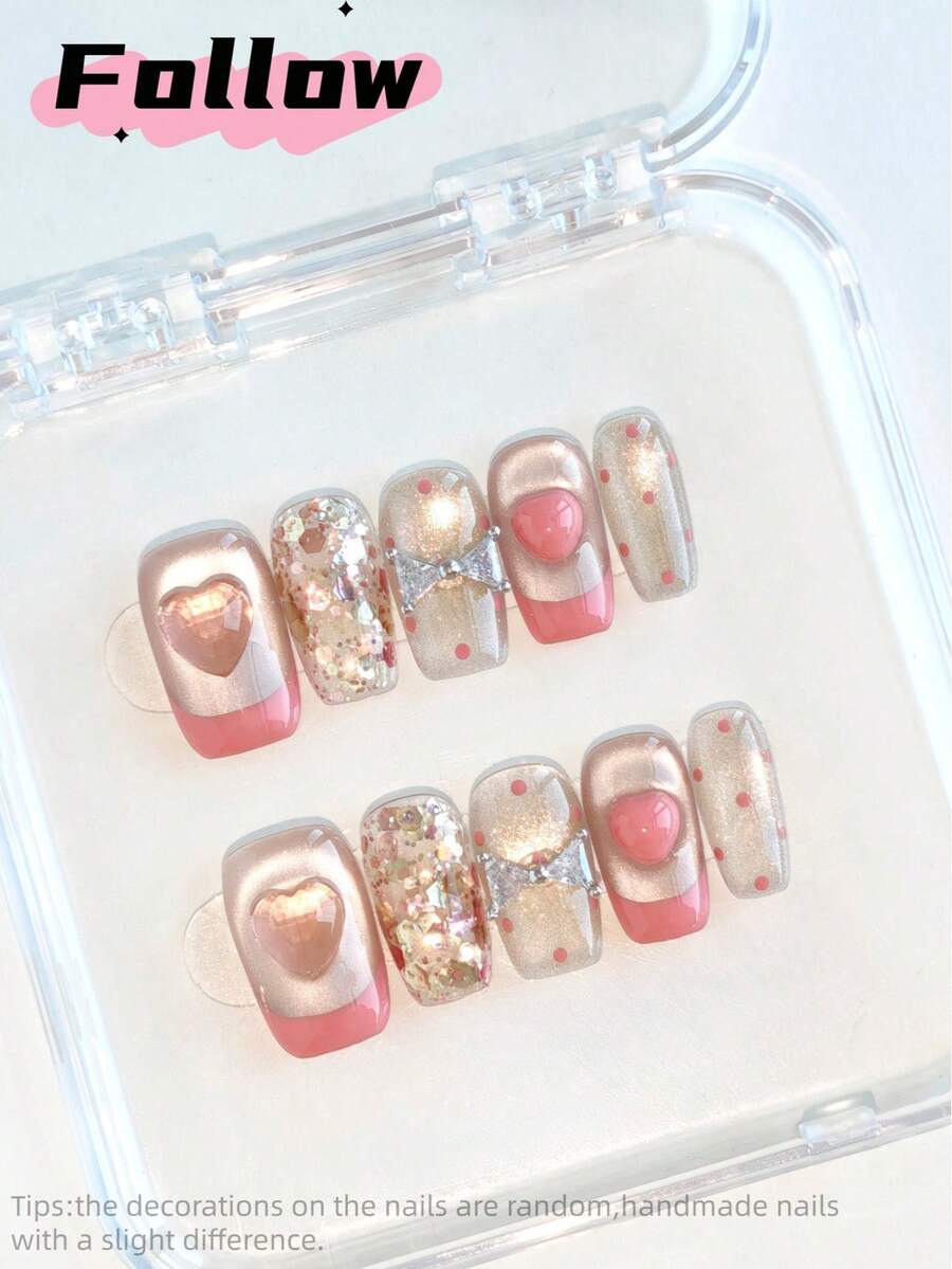 10片方形手工美甲贴纸，中等粘性，粉色系，3D立体，蝴蝶结，猫眼，法式，爱心，闪粉，甜美风，波点，可爱，圣诞美甲，假指甲，适合女士冬季新年派对、舞会、日常穿着