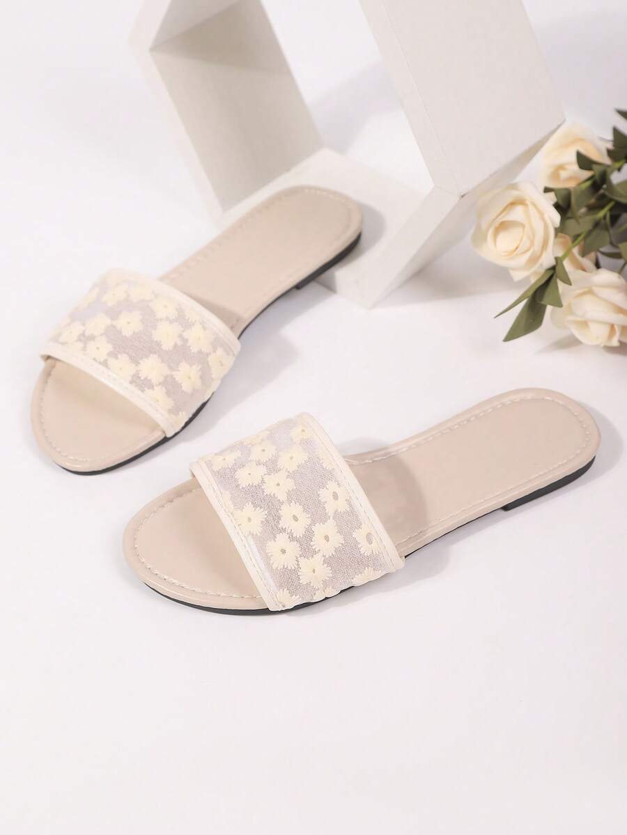 女士性感网面平底凉鞋，室内/室外拖鞋，时尚圆头凉拖 - 杏色 - 查看 1