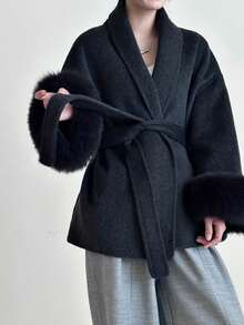 Women's Double-Sided Faux Fur & Wool Blend Coat - Shawl Collar, Tie Waist, Classic Casual, Suitable For Autumn/Winter - The New Black - View 6